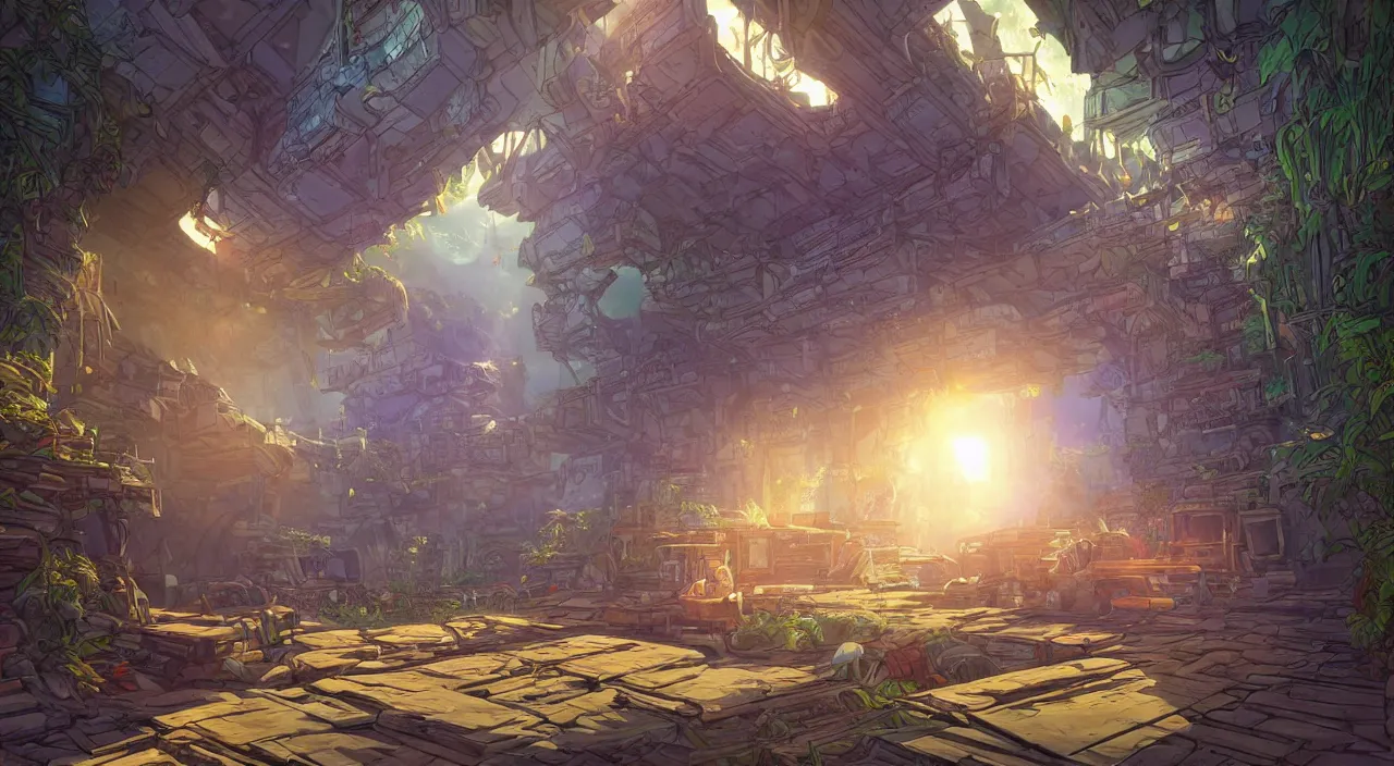 Image similar to open door wood wall fortress airship greeble block amazon jungle on portal unknow world ambiant fornite colorful radiating a glowing aura global illumination ray tracing hdr that looks like it is from borderlands and by feng zhu and loish and laurie greasley, victo ngai, andreas rocha, john harris