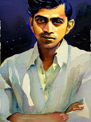 Prompt: water color painting, artwork by saul leiter, of a solo individual portrait of an indian guy with lilies, dapper, simple illustration, domestic, nostalgic, full of details, matte painting, trending on artstation and unreal engine