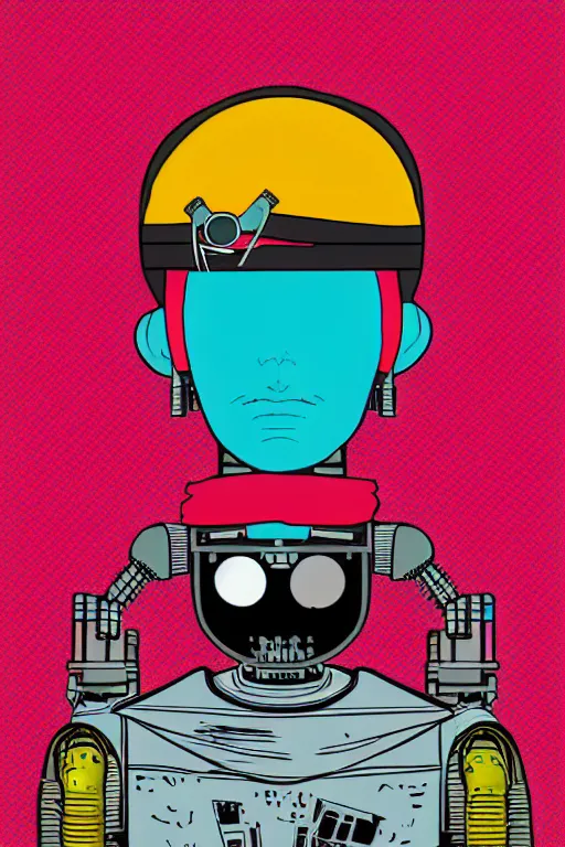 Image similar to extreme wide shot of a robot pirate, wearing an eye patch, Bionic Arms. pop surrealism, pop art. digital art. by Andy Warhol, wide shot