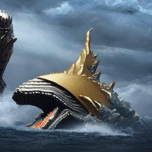 Image similar to whale in gold and silver armor fighting in the depths against godzilla, who has six arms and 5 0 legs