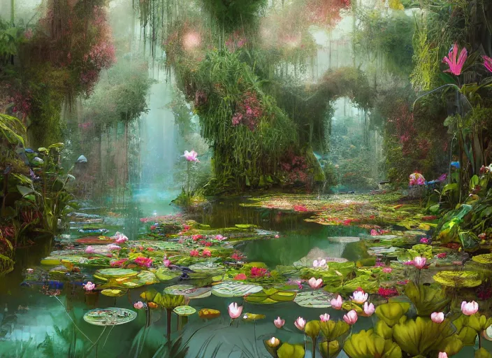 Image similar to An overgrown room, flooded with crystal clear water, overgrown with lily pads, lush bushes and colorful flowers, digital art, trending on Artstation, immaculate scale, amazing composition, detailed painting