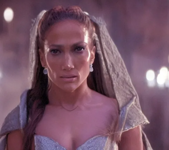 Prompt: a movie still of jennifer lopez as princess leigha in the movie star wars