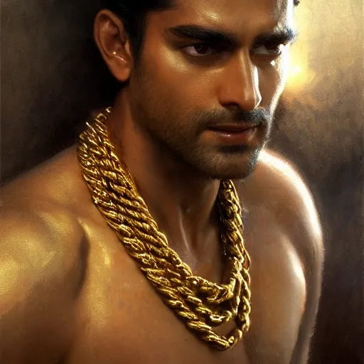 Image similar to detailed realistic cinematic wide shot of beautiful attractive muscular indian man with gold chain wearing blue bath robe slim face symettrical face clean skin black eyes black robe smooth, sharp focus, ultra realistic, spring light, painting by gaston bussiere, craig mullins, j. c. leyendecker