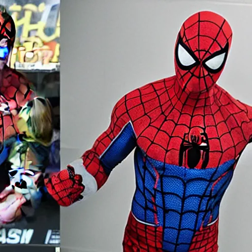 Image similar to dwayne johnson promo on ring wearing spiderman costumes