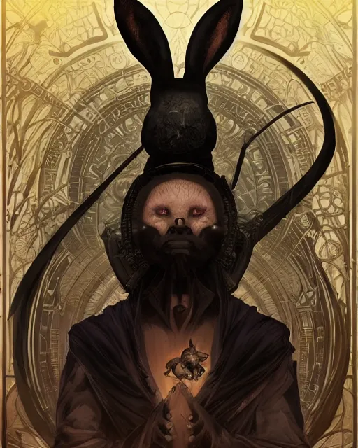 Image similar to Anthropomorphized black rabbit monk, centered, portrait, symmetrical, Path of Exile, Diablo, Warhammer, digital painting, highly detailed, concept art, Nekro, Peter Mohrbacher, Alphonse Mucha, Brian Froud, Yoshitaka Amano, Kim Keever, Victo Ngai, James Jean