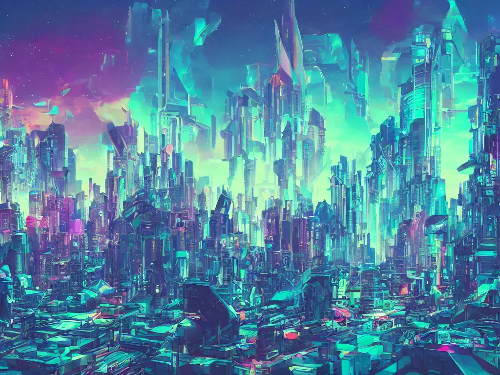 Image similar to mystical colorful cyberpunk city with a clear blue lake in a clearing where an abstract nebula crystal sculpture is floating above it, powerful, ethereal, vaporwave