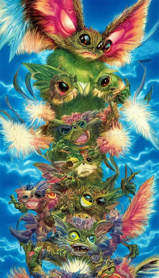 Image similar to gremlins vs mothra vs stephen hawkin art by Noriyoshi Ohrai and Lisa Frank