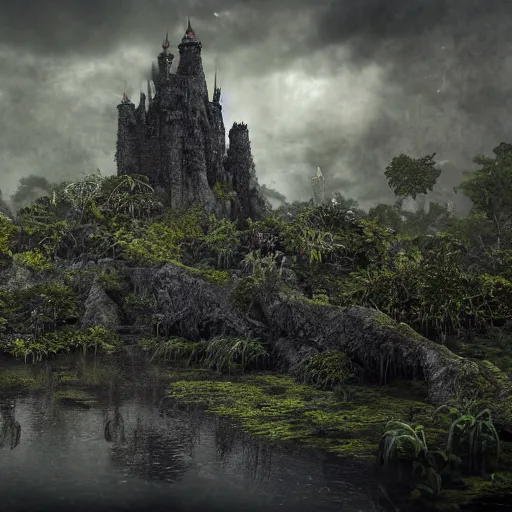 Image similar to full body pose, hyperrealistic photograph of the black castle of rotbog swamp, dim volumetric lighting, 8 k, octane beautifully detailed render, extremely hyper detailed, intricate, epic composition, cinematic lighting, masterpiece, trending on artstation, very very detailed, stunning, hdr, smooth, sharp focus, high resolution, award, winning photo, dslr, 5 0 mm