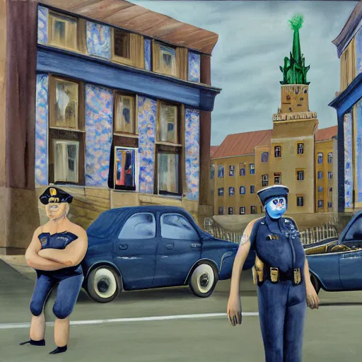 Image similar to by charles addams, by meredith marsone, by alice rahon blue man group, shikki kaleidoscopic, dreary. the body art of a police station in the lithuanian city of vilnius. in the foreground, a group of policemen are standing in front of the building, while in the background a busy street can be seen.