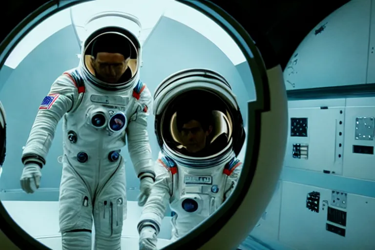 Image similar to film still of closeup beautiful model space tourists, space port by emmanuel lubezki