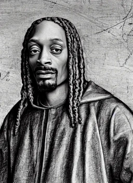 Image similar to a very high resolution image from a new movie, snoop dogg. drawn by leonardo da vinci. mountains, directed by wes anderson