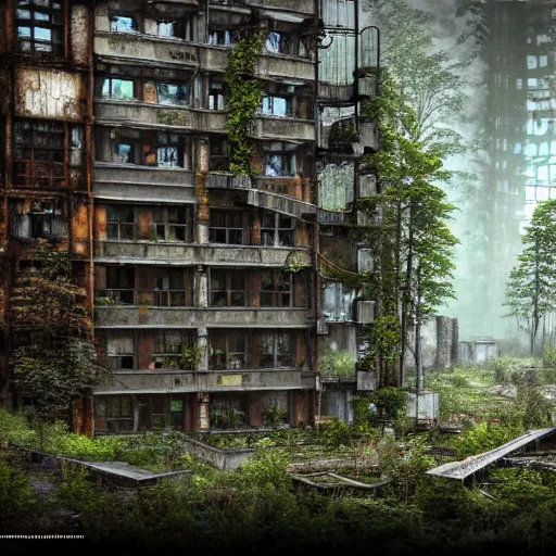 Prompt: a beautiful ultradetailed render of city building unfinished building urbex industrial architecture dormitory by antoine predock, wilderness mars steampunk reclaimed by nature forest tundra rainforest postcyberpunk myst, archdaily, wallpaper, highly detailed, trending on artstation.