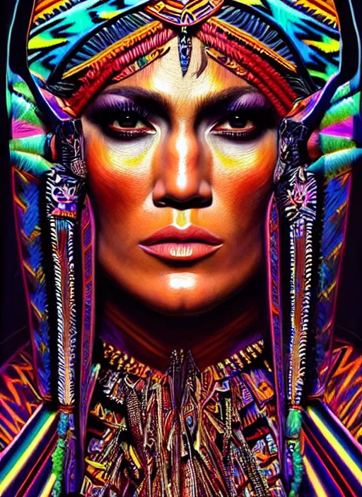 Image similar to portrait of jennifer lopez, hyper detailed ultra sharp aztec shaman warrior. trending on artstation, warpaint aesthetic, bloodwave, colorful, psychedelic, ornate, intricate, digital painting, concept art, smooth, sharp focus, illustration, art by artgerm and greg rutkowski and h. r. giger, 8 k