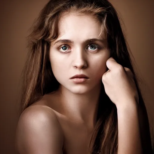 Image similar to photographic Close-up face of a extremely beautiful girl with clear eyes and light brown hair , high light on the left,non-illuminated backdrop, illuminated by a dramatic light, Low key lighting, light dark, High constrast, dramatic , steve mccurry, Lindsay Adler, norman rockwell, craig mulins ,dark background, high quality,photo-realistic, 8K,-H 704