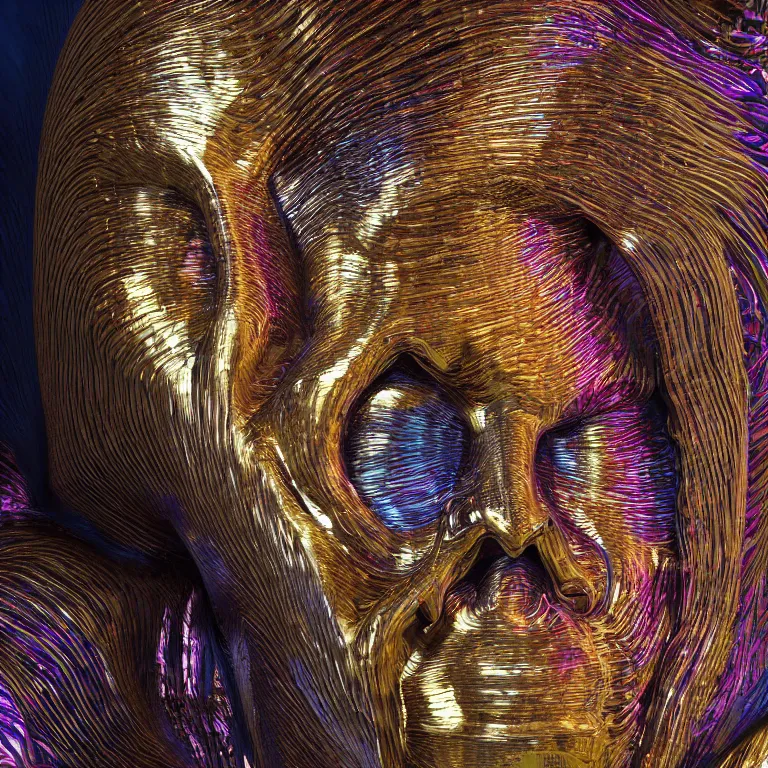 Prompt: octane render portrait by wayne barlow and carlo crivelli and glenn fabry, a giant shiny smooth reflective colorful tie - dye metal statue of a face inside a giant massive dramatic cavernous art gallery, cinema 4 d, ray traced lighting, very short depth of field, bokeh