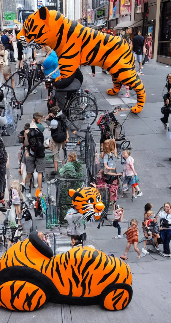 Image similar to a kiddie ride that looks like a tiger on the sidewalk in NYC