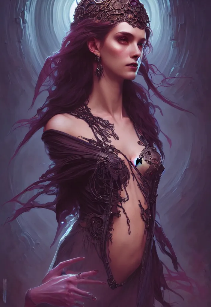 Image similar to Necromancer Sorceress body, fantasy magic, undercut hairstyle, dark light night, intricate, elegant, sharp focus, illustration, highly detailed, digital painting, concept art, matte, art by WLOP and Artgerm and Greg Rutkowski and Alphonse Mucha, masterpiece