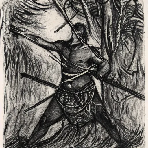 Prompt: a charcoal drawing of and ancient warrior creeping through dark woods filled with large trees and vines, holding a bow and arrow, wearing animal skin clothing, in the style of guy denning