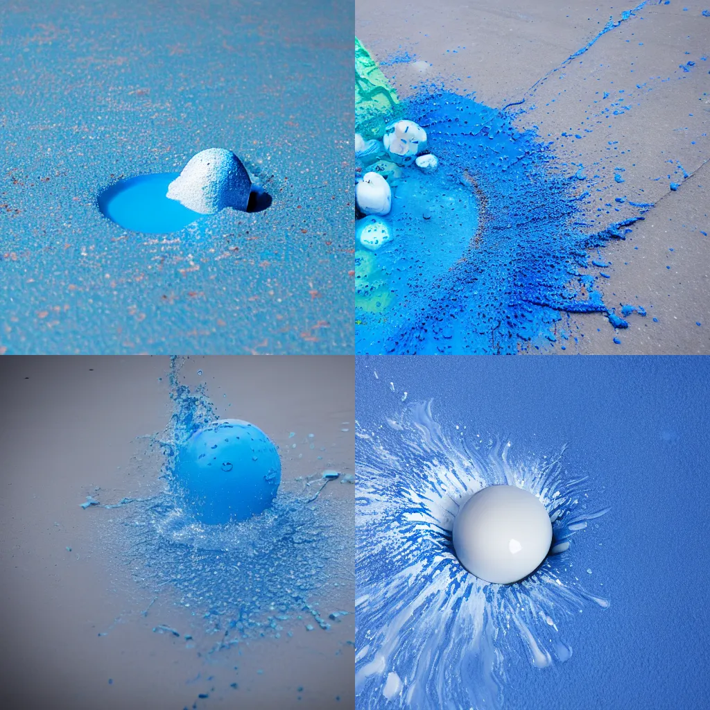 Prompt: ball splashing into a puddle of blue paint