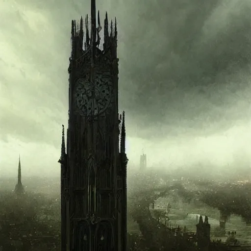 Image similar to an ultra detailed tarot card of a lonely and impossibly tall ominous gothic dark tower elevated high above the city, in a river elevated high above the city, fantasy capital city, ultrawide lense, aerial photography, scary thunderstorm, light fog, volumetric lighting, exquisite detail, 8 k, art by greg rutkowski and alphonse mucha