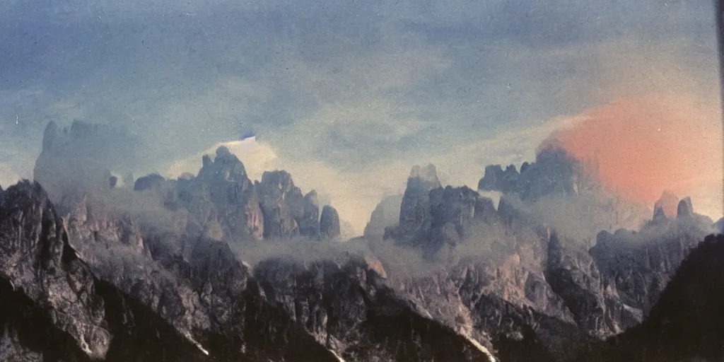 Prompt: 1 9 2 0 s color spirit photography 9 1 1 1 2 1 of alpine sunrise in the dolomites, smoke from mountains, by william hope, beautiful, eerie, grainy