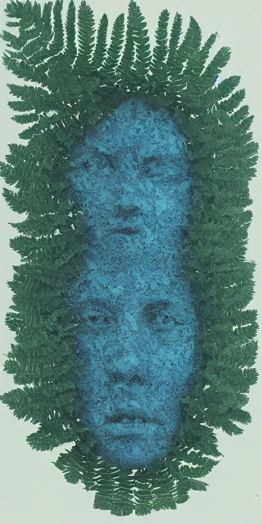 Image similar to a human face made of ferns, Cyanotype by Anna Atkins, seaweed, Algae, white on a blue background, Photography, botanical