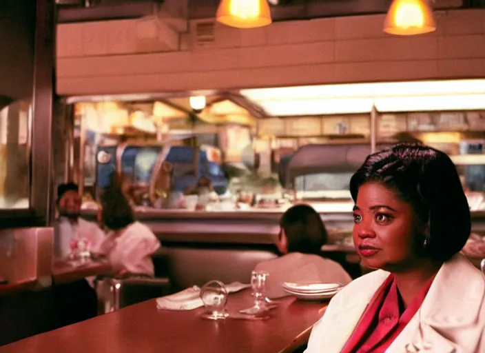 Prompt: cinematic detailed portrait of octavia spencer at a classic diner at night, dramatic top down lighting, moody film still from being john malkovich ( 2 0 0 1 ), 3 5 mm kodak color stock, 2 4 mm lens, directed by spike jonze, ecktochrome