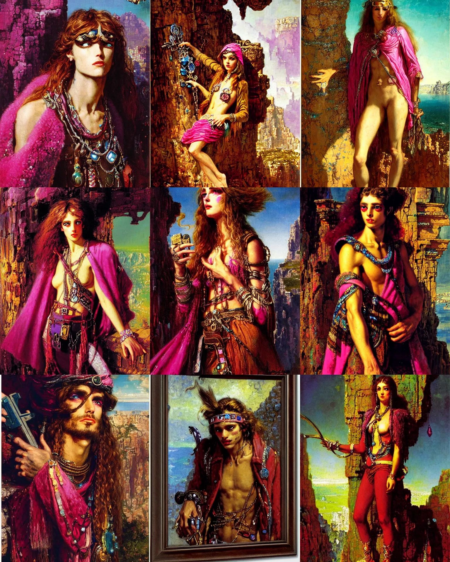 Prompt: a realistic portrait of the brave thief of ancient jewels in cape by Reynold Brown and Paul Lehr and Gustave Moreau, cadet and candy-pink colour scheme, perfect faces, dark