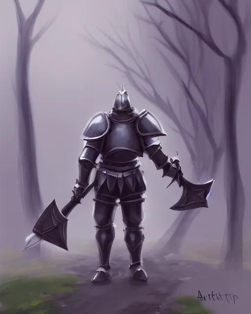 Image similar to concept art of a thicc knight, wearing heavy medival knight armor, holding a long sword, walking through a foggy oak forest | | epic - fine - clean, polished, trending on artstation, brush strokes