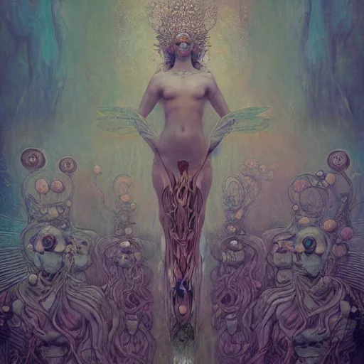 Image similar to wet plate photography of goddess with one wing reaching infinity and hungry souls around by Klimt, Artificial Nightmares drawn by Peter Mohrbacher, Zdzisław Beksiński and thu berchs James Gurney unreal engine octane, Trending on artstation