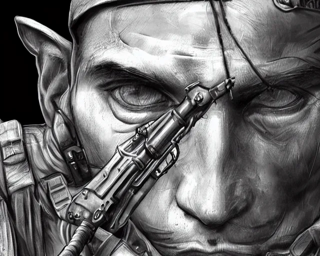 Image similar to A soldier with a hateful face aiming at a cat, long shot, world war 1, close-up, realistic face, beautiful face detail, mature facial features, black and white, amazing digital art, hyper detailed, artstation, in the style of Tony Sart