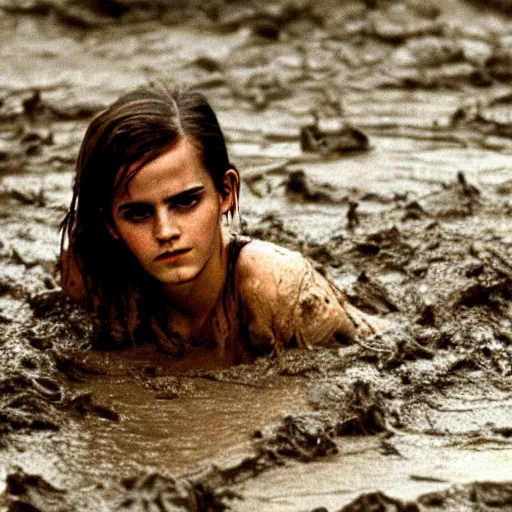 Prompt: emma watson rising out of muddy vietnam river, face covered in mud, low camera angle at water level, night time, film still from apocalypse now ( 1 9 7 9 ), 2 6 mm,