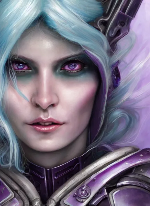Image similar to a hyper detailed face portrait, extreme close up of a pale woman with purple hair in sci - fi cybernetic armor, sylvanas windrunner, sideshow figurines, by tom bagshaw, artgerm, dorian cleavenger, greg rutkowski, wlop, astri lohne, zdzisław beksinski trending on artstation