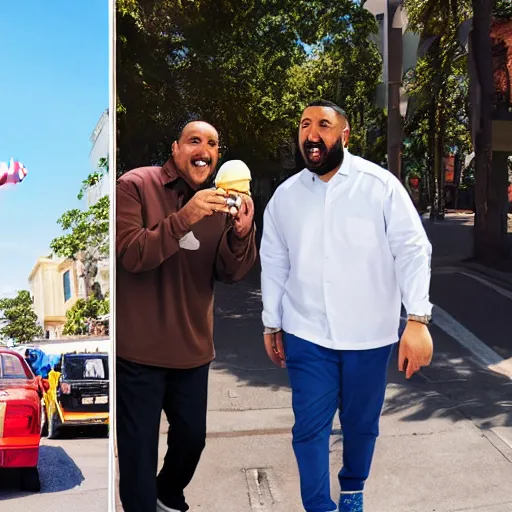 Image similar to Hide the pain Arnold and DJ Khaled licking ice cream in street while walking, 4K, photorealistic