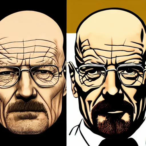 Image similar to walter white next to gus pringe, in the style of greg rutowski, hyper detailed