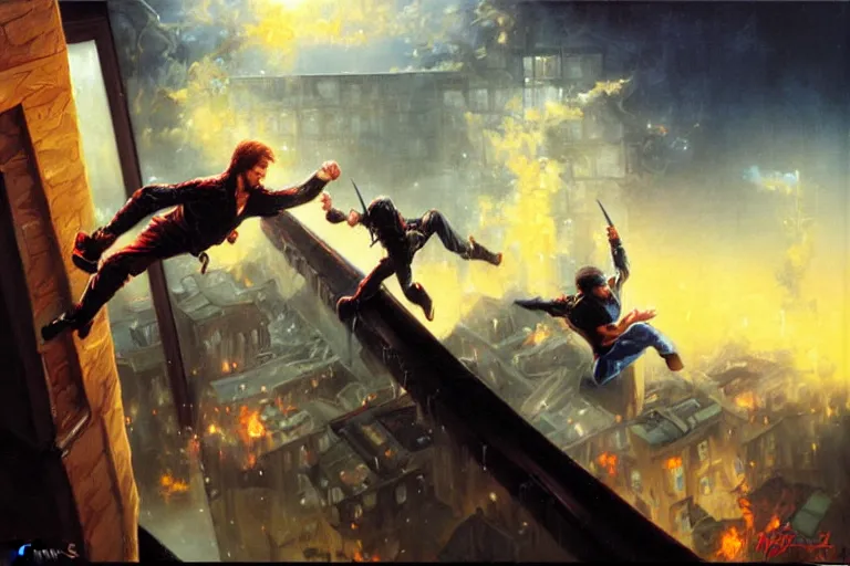 Image similar to chuck norris kicking a ninja out a window, an oil painting by ross tran and thomas kincade