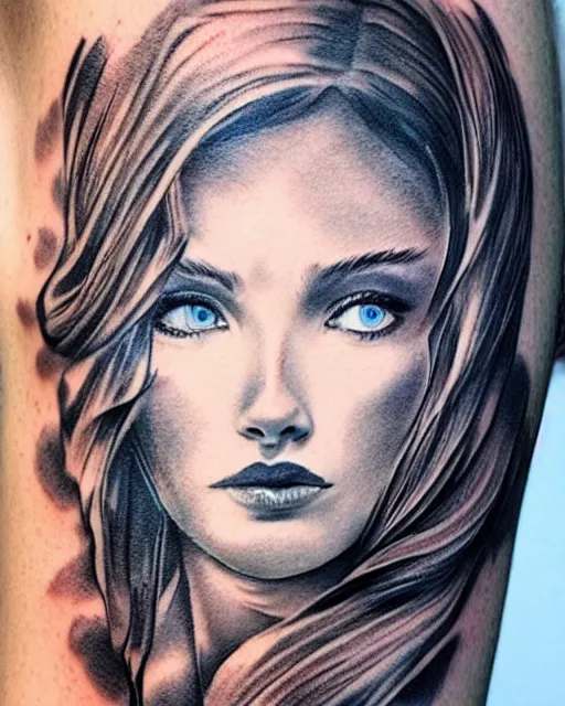 Image similar to tattoo design sketch of a beautiful blue - eyed woman face with a faded background of beautiful mountains on her side, hyper - realistic, in the style of den yakovlev, amazing detail, black and white