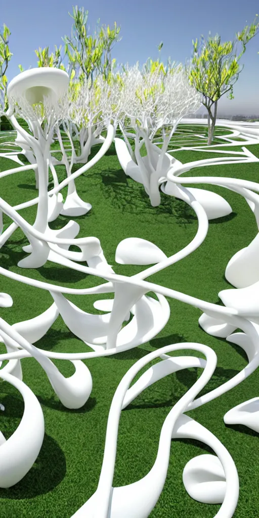 Prompt: elegant white art 3 d printed parametric installation with playful surreal tall lemon groves, urban playground, fluidity, vincent callebaut, mamou - mani, voronoi pavilion with white magnolia above