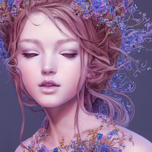 Image similar to the portrait of a blueberry that resembles an absurdly beautiful, graceful, elegant, sophisticated girl, an ultrafine hyperdetailed illustration by kim jung gi, irakli nadar, intricate linework, bright colors, octopath traveler, final fantasy, unreal engine 5 highly rendered, global illumination, radiant light, detailed and intricate environment