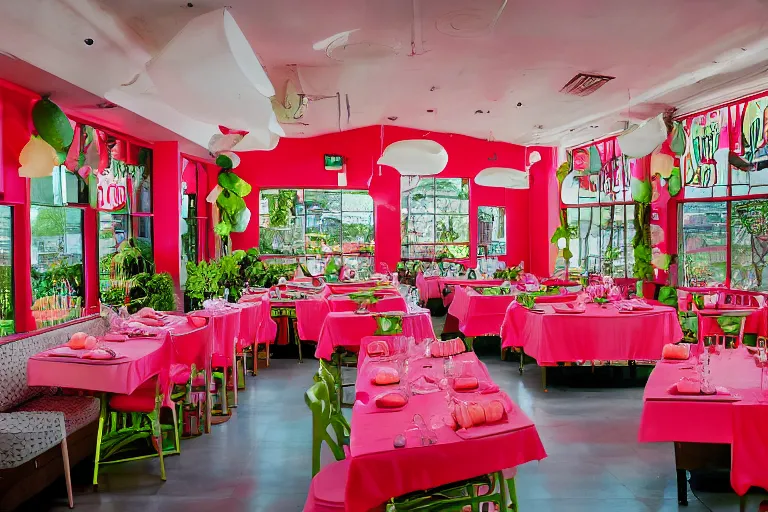 Prompt: 1 9 9 2 watermelon themed diner, tables repeat endlessly into the horizon, fruitcore, watermeloncore, one point perspective, americana, restaurant interior photography, 5 5 mm