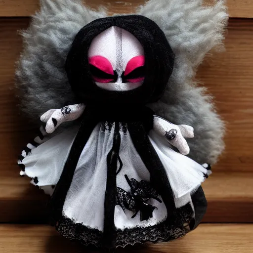 Prompt: cute fumo plush of the nightmare princess, gothic regal and tattered black, broken hearts, tragic wraith, vray, web of tendrils, arachnid