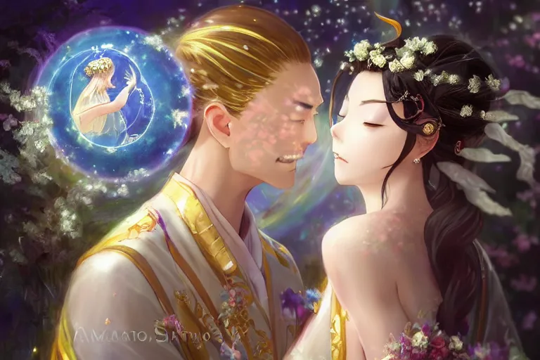 Prompt: a dreamlike portrait of wedding photograph close up moment of a divine a taiwan sun god and moon goddess lovers magician at a wedding banquet. portraiture. digital painting. artstation. concept art. fantasy wedding photo. digital painting, 8 k realistic, hyper detailed, by makoto shinkai and akihiko yoshida and hidari and wlop
