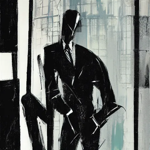 Prompt: man in room by ashley wood, black suit