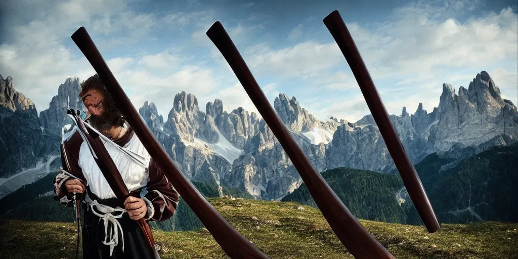 Prompt: alpine alphorn, dolomites in background, dark, eerie, despair, portrait photography, artstation, adward winning, artstation, highly detailed, sharp focus, by caravaggio