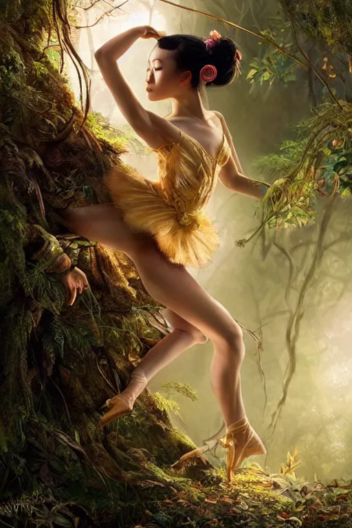 Image similar to stunningly beautiful, asian prima ballerina in jungle, symmetrical face, golden hour, smooth, focus, highly detailed, hyper realistic, dramatic lighting, elegant, intricate, concept art, art by wlop, mars ravelo, greg rutowski