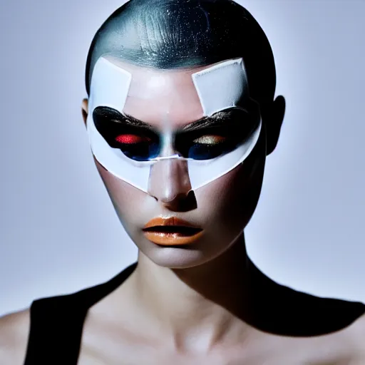 Prompt: high fashion photography of a model in neo futurism white sci - fi makup, transparent cloth, beautifully lit