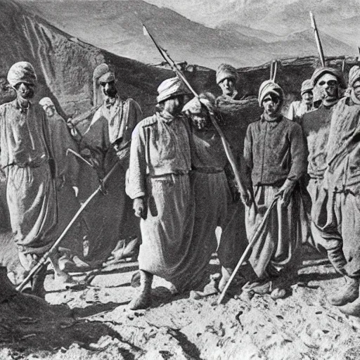 Prompt: ultra detailed photorealistic sepia - toned painting from 1 9 1 7, a small group of british soldiers standing with bedouin traders in traditional arab garb, at an archaeological dig site in wadi rum, ultra realistic, painted, intricate details, lovecraft, atmospheric, dark, horror, brooding, highly detailed, by clyde caldwell