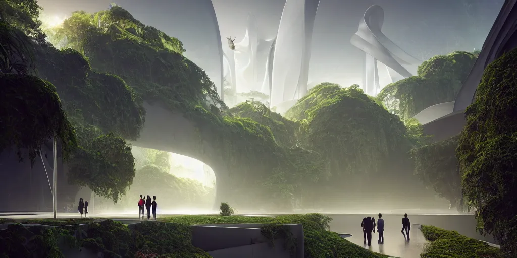 Prompt: garden of eden, by tim blandin and arthur haas and bruce pennington and john schoenherr, big windows architecture by zaha hadid, octane render, warm colour scheme, white, cinematic, scenery, cgsociety, modernism, futuristic, trending on artstation, sci - fi, high detail, high quality, close up angle, people walking