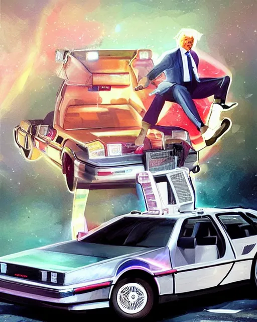 Image similar to donald trump in a flying delorean with doc emmet brown posing for the camera, neon lights, portrait, illustration, rim light, top light, perfectly shaded, spring time, slight overcast lighting, soft painting, art by krenz cushart and wenjun lin