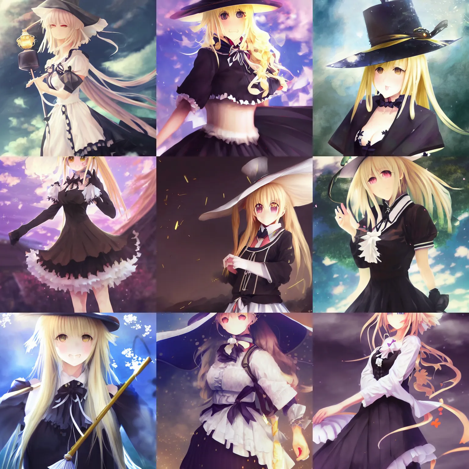 Prompt: pixiv artwork portrait of marisa kirisame from touhou project, marisa kirisame touhou artwork by greg rutkowski key art kyoto animation 4 k 8 k ultrahd trending award winning black hat broom blonde hair finely detailed golden eyes maid dress